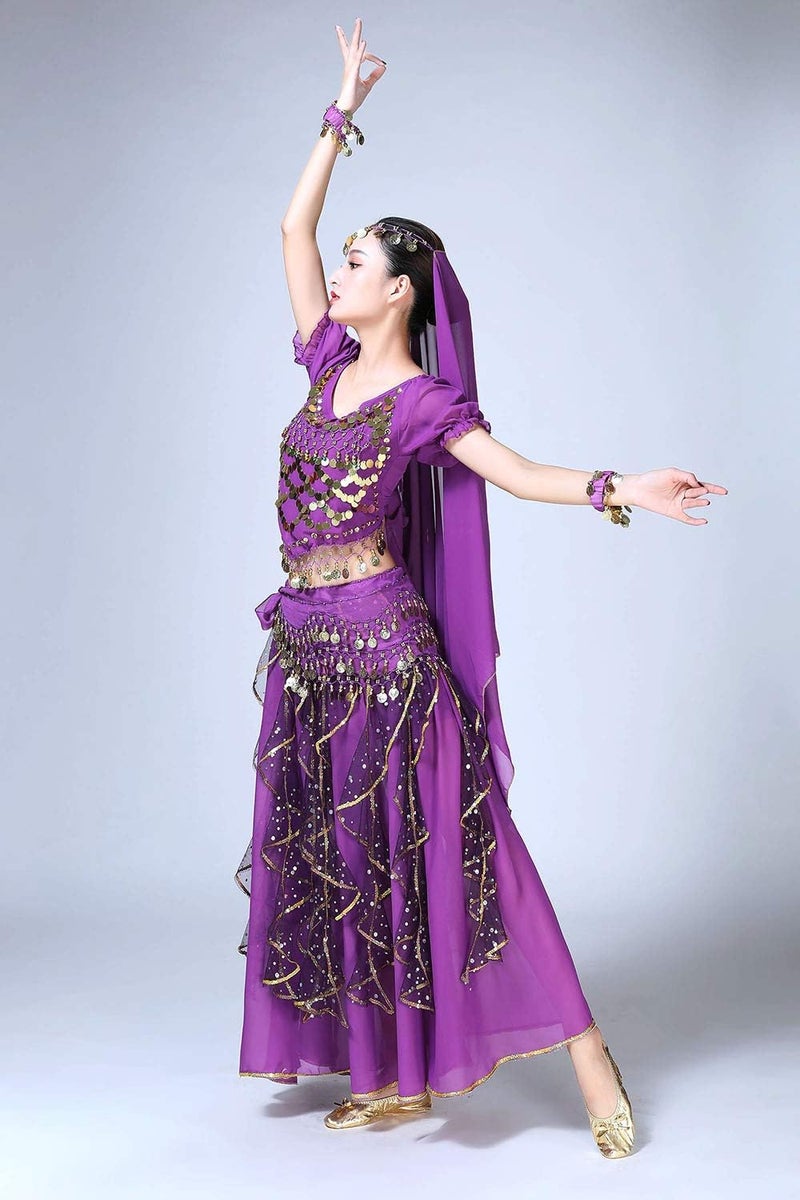 ORIDOOR Women Belly Dance Dress Indian Bollywood Halloween Costume Chiffon Skirts Shiny Belly Dance Suits 5-Piece Outfit - Image 5
