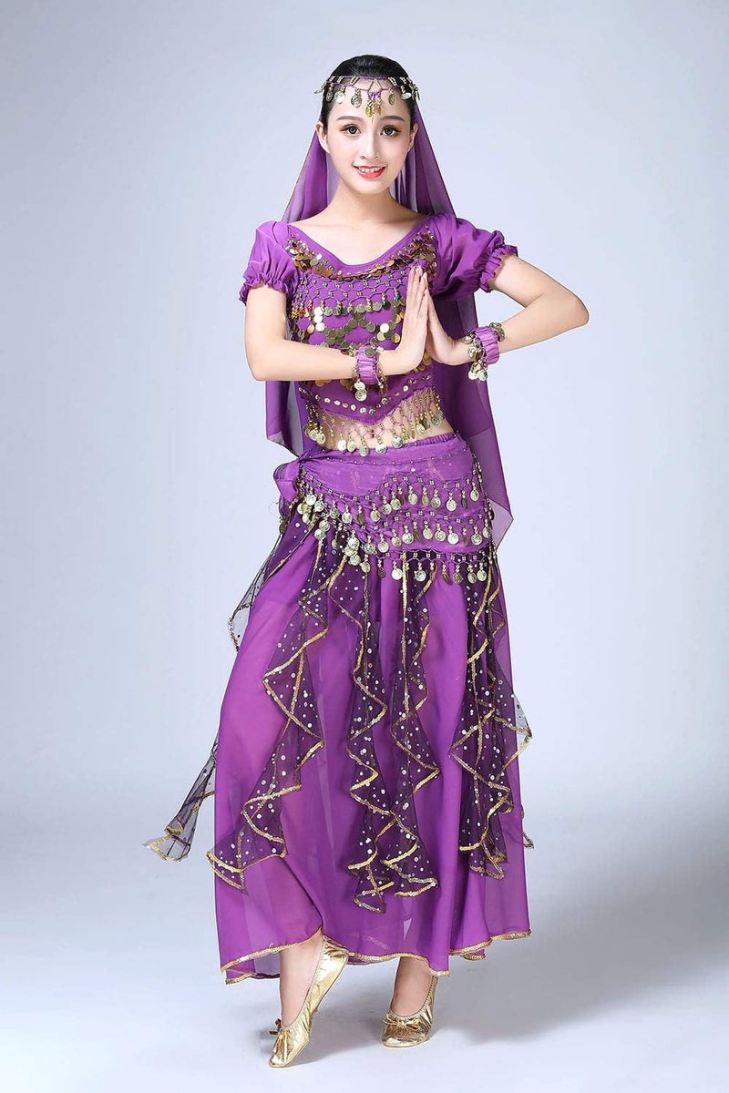 ORIDOOR Women Belly Dance Dress Indian Bollywood Halloween Costume Chiffon Skirts Shiny Belly Dance Suits 5-Piece Outfit - Image 2