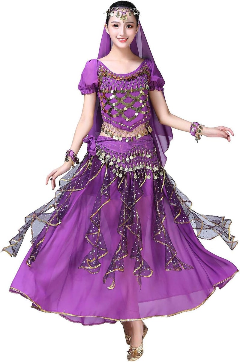 ORIDOOR Women Belly Dance Dress Indian Bollywood Halloween Costume Chiffon Skirts Shiny Belly Dance Suits 5-Piece Outfit - Image 1