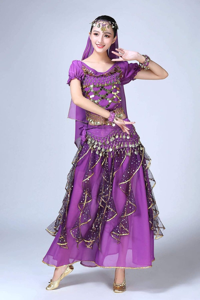 ORIDOOR Women Belly Dance Dress Indian Bollywood Halloween Costume Chiffon Skirts Shiny Belly Dance Suits 5-Piece Outfit - Image 4