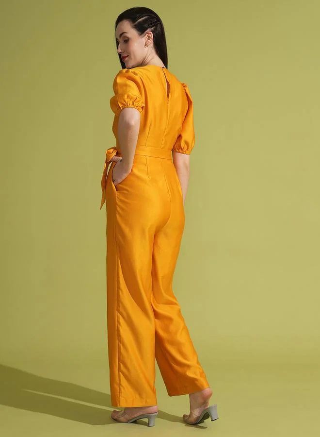 globus Globus Solid Round Neck Puff Sleeve Waist Tie-Up Jumpsuit
