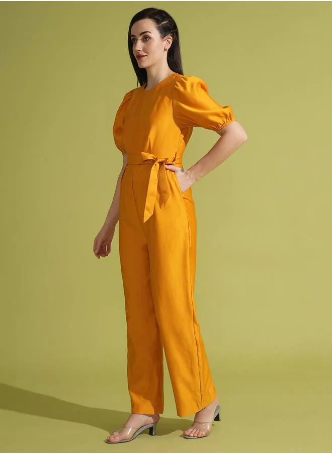 جلو باص Solid Round Neck Puff Sleeve Waist Tie-Up Jumpsuit