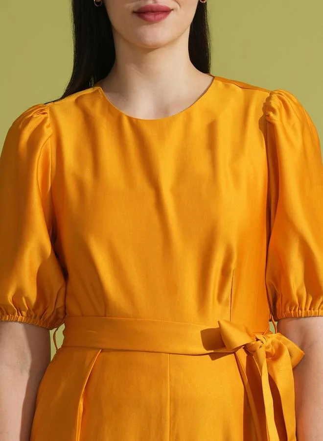 globus Globus Solid Round Neck Puff Sleeve Waist Tie-Up Jumpsuit