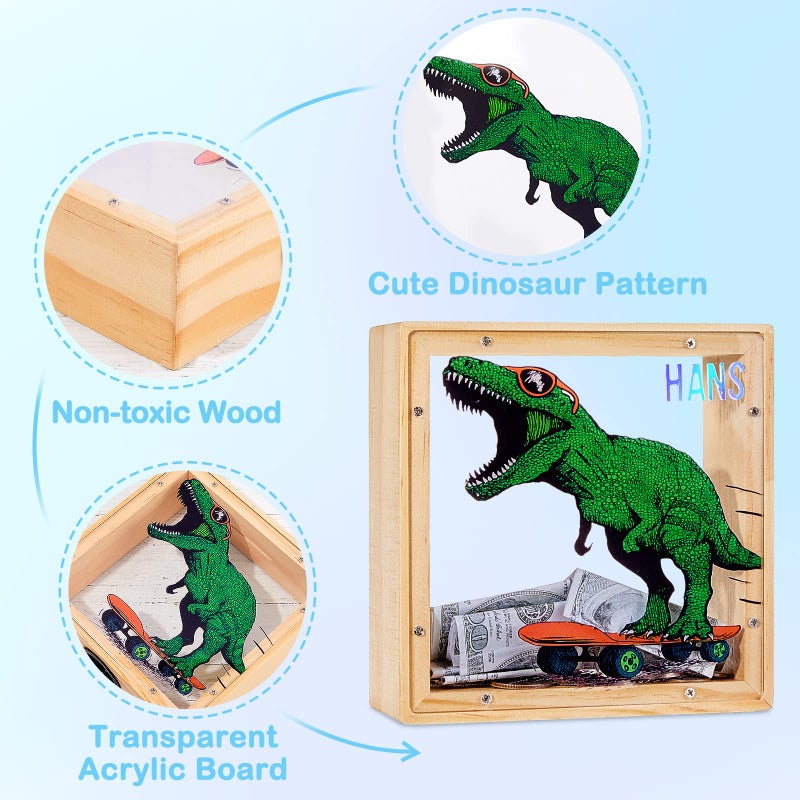 ICOSY Wooden Piggy Bank for Kids Boys Girls, DIY Name Coin Bank Unicorn Dinosaur Money Bank with Letter Stickers - Image 5