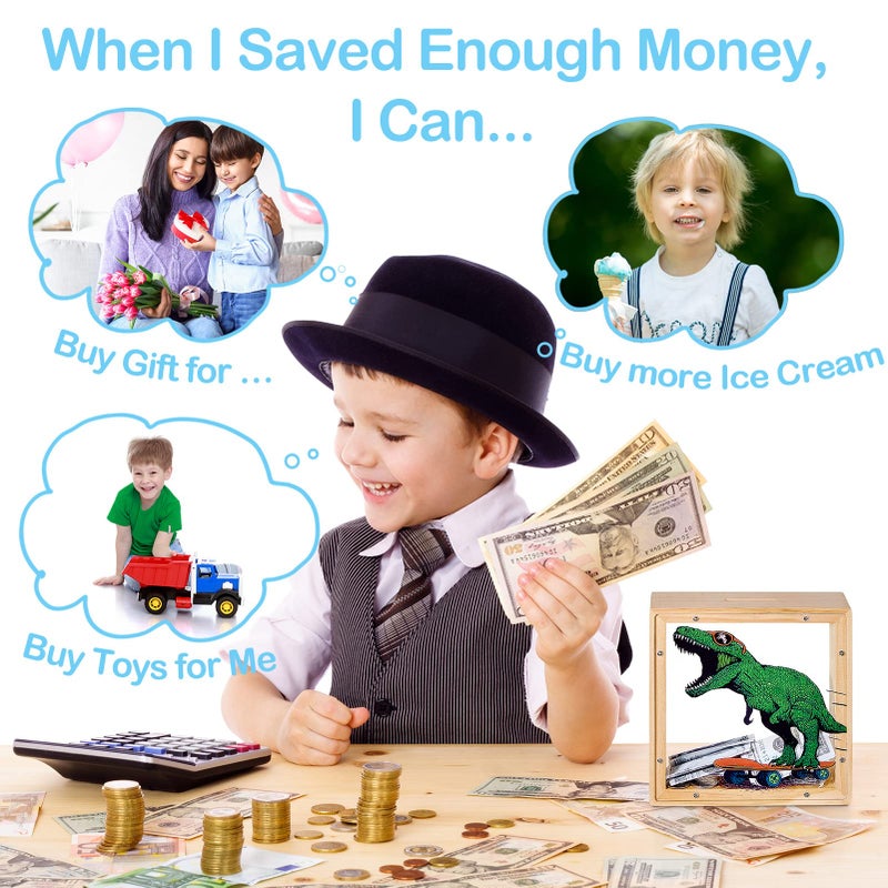 ICOSY Wooden Piggy Bank for Kids Boys Girls, DIY Name Coin Bank Unicorn Dinosaur Money Bank with Letter Stickers - Image 3