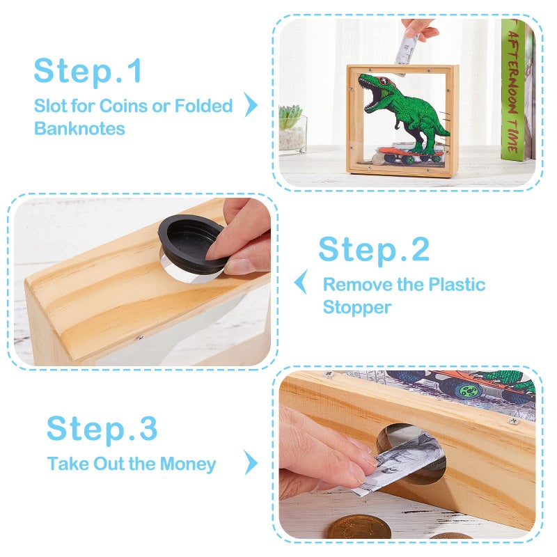 ICOSY Wooden Piggy Bank for Kids Boys Girls, DIY Name Coin Bank Unicorn Dinosaur Money Bank with Letter Stickers - Image 4
