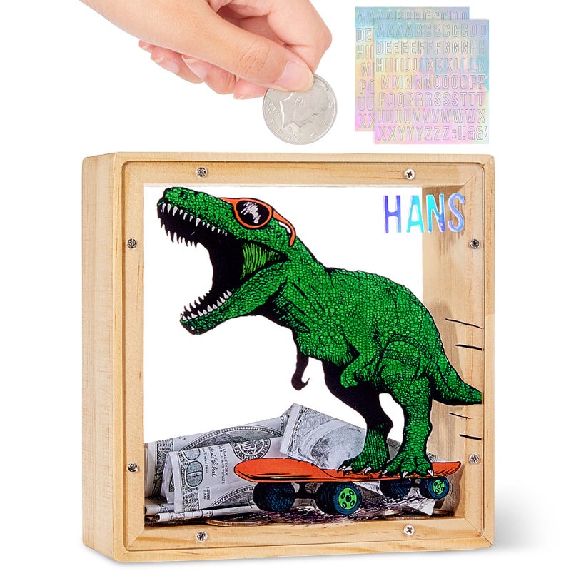 ICOSY Wooden Piggy Bank for Kids Boys Girls, DIY Name Coin Bank Unicorn Dinosaur Money Bank with Letter Stickers - Image 1