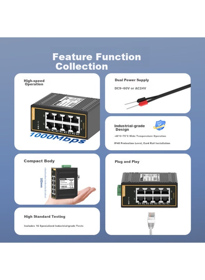 Mowestar Industrial Ethernet Switch 8 Port Full Gigabit Rail-Mounted Unmanaged Industrial Ethernet Switch Mini Version Switch Cs208G - Image 1