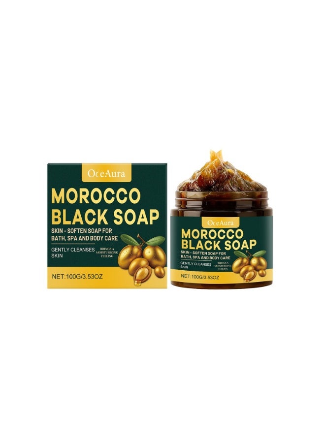 OceAura Moroccan Black Soap 100g Body Cleanser - Gentle Exfoliating Black Soap with Argan Oil - Moisturizing Body Exfoliator Scrub for Smooth, Radiant Skin - Natural Morocco Soap - Image 1