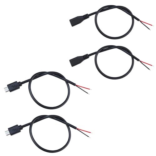 KSOPUERT 4 Pcs 1ft Black Micro USB 2 Wire Pigtail Cable, 2.1A 5V, 28AWG, 2 Cores, Power Pigtail Repair, 2 Male & 2 Female Plugs Included, Charging Only, No Data Transfer - Image 1