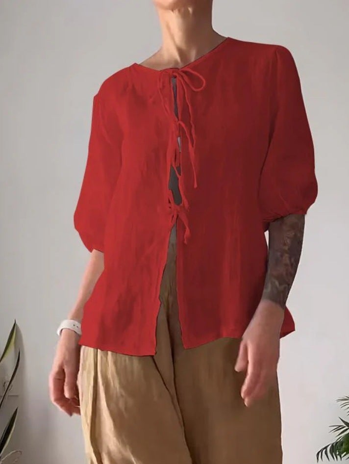 Women's Casual Two-Piece Set: Round Neck Tie-Front Blouse High-Waist Wide-Leg Pants Summer Outfit - Image 2