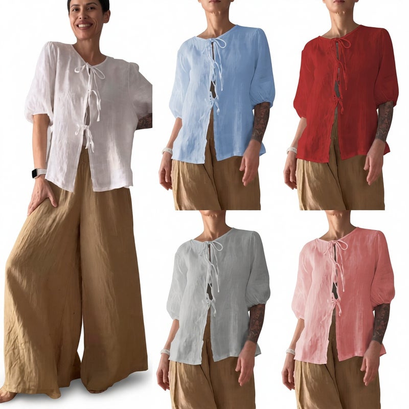Women's Casual Two-Piece Set: Round Neck Tie-Front Blouse High-Waist Wide-Leg Pants Summer Outfit - Image 1
