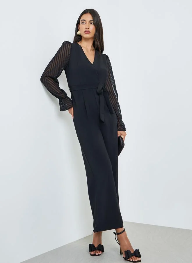 Black Wide Leg Jumpsuit with Sheer Sleeves
