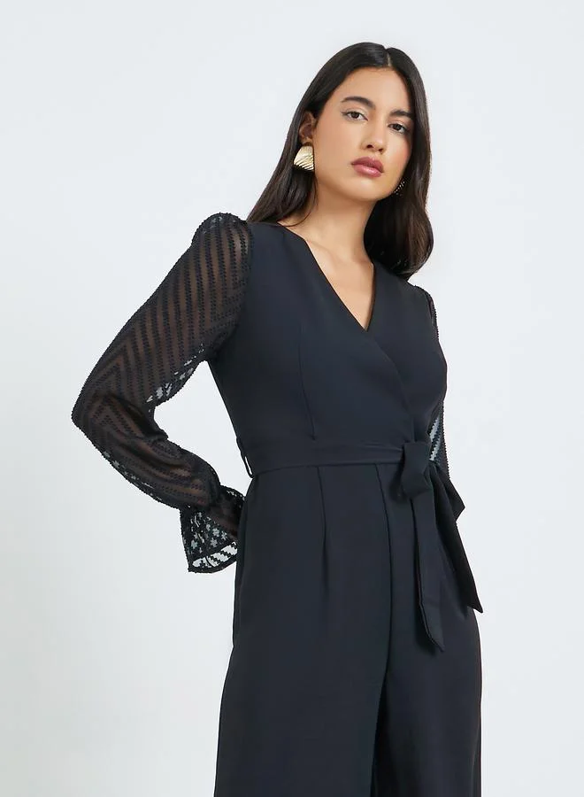 Styli Black Wide Leg Jumpsuit with Sheer Sleeves
