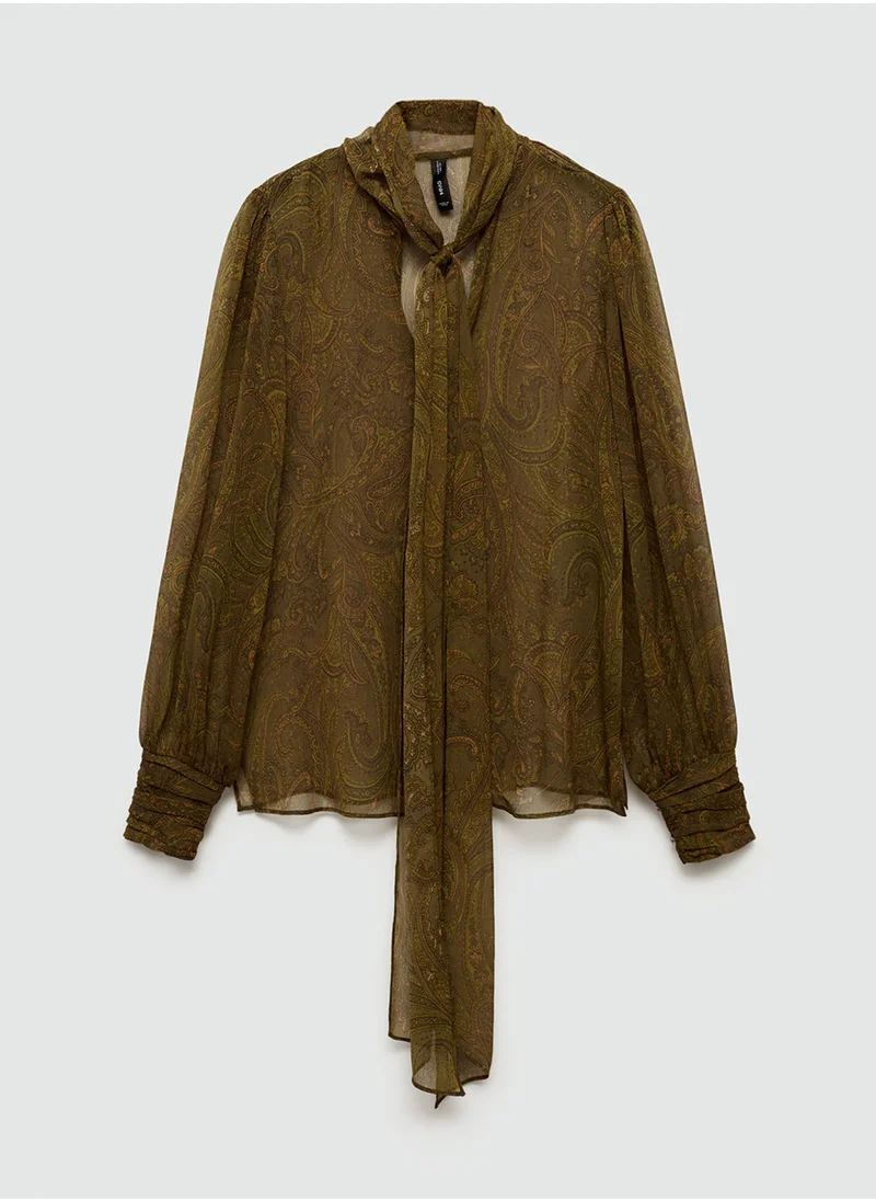 مانجو Oak Printed Bow Detailed Top