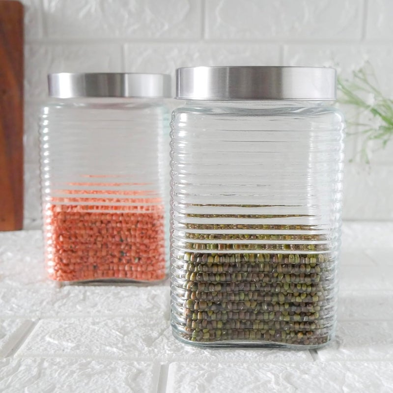 Femora Femora Embossed Line Square Glass Jars for Kitchen Kitchen Storage Jars Steel Lid Glass Jars 1 Year Warranty Airtight Jars for Snacks Fry Food Masala Spice Pickle Cookies 1700ml Set of 4 - Image 2