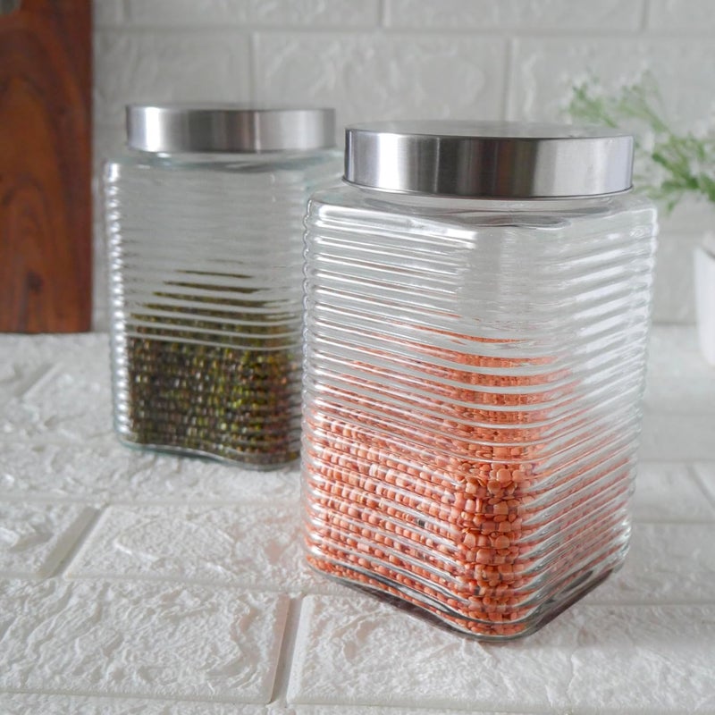 Femora Femora Embossed Line Square Glass Jars for Kitchen Kitchen Storage Jars Steel Lid Glass Jars 1 Year Warranty Airtight Jars for Snacks Fry Food Masala Spice Pickle Cookies 1700ml Set of 4 - Image 3