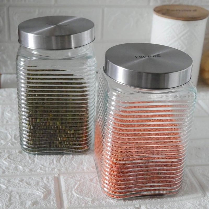 Femora Femora Embossed Line Square Glass Jars for Kitchen Kitchen Storage Jars Steel Lid Glass Jars 1 Year Warranty Airtight Jars for Snacks Fry Food Masala Spice Pickle Cookies 1700ml Set of 4 - Image 1