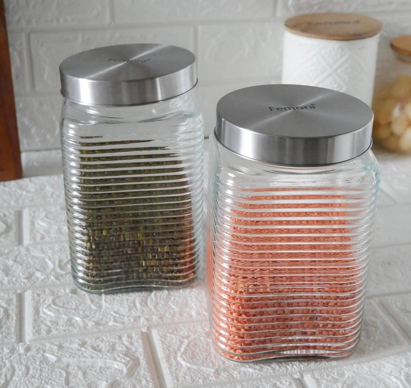 Femora Femora Embossed Line Square Glass Jars for Kitchen Kitchen Storage Jars Steel Lid Glass Jars 1 Year Warranty Airtight Jars for Snacks Fry Food Masala Spice Pickle Cookies 1700ml Set of 4 - Image 5