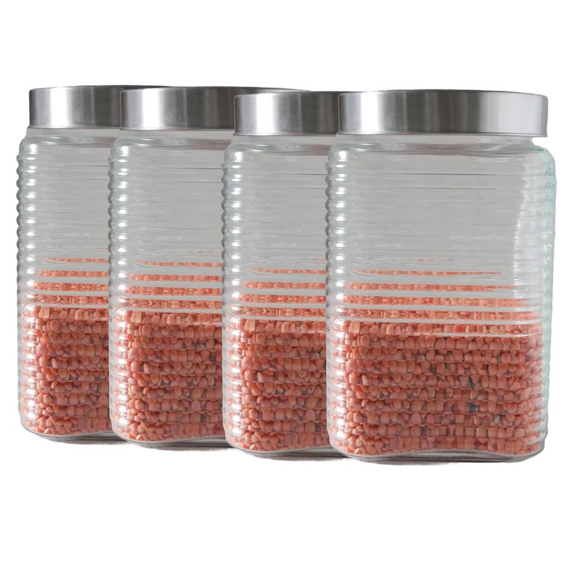 Femora Femora Embossed Line Square Glass Jars for Kitchen Kitchen Storage Jars Steel Lid Glass Jars 1 Year Warranty Airtight Jars for Snacks Fry Food Masala Spice Pickle Cookies 1700ml Set of 4 - Image 4