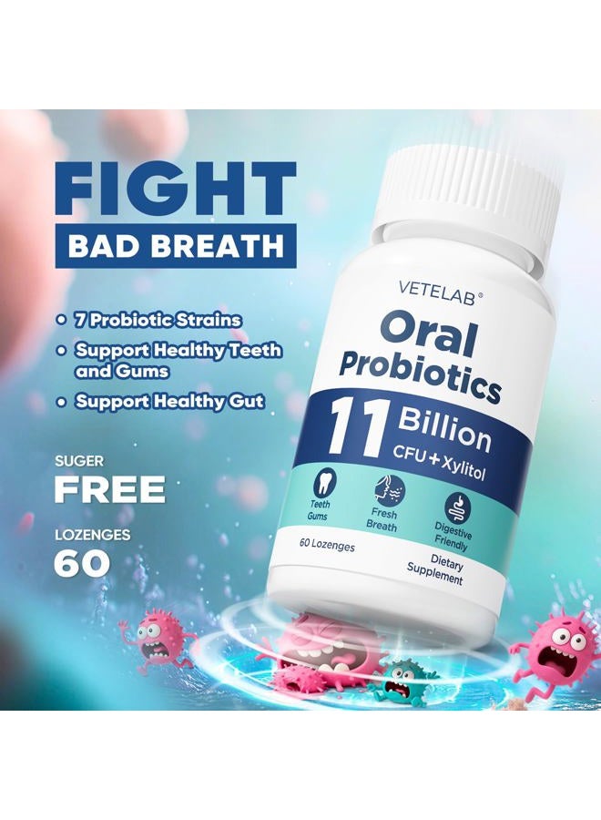 VeteLab Oral Probiotics for Mouth Bad Breath - 11 Billion CFU Chewable Probiotics for Teeth & Gums, Dry Mouth, Gum Restore, Fresh Breath, Chronic Halitosis & Gut Health, 60 Lozenges - Image 2