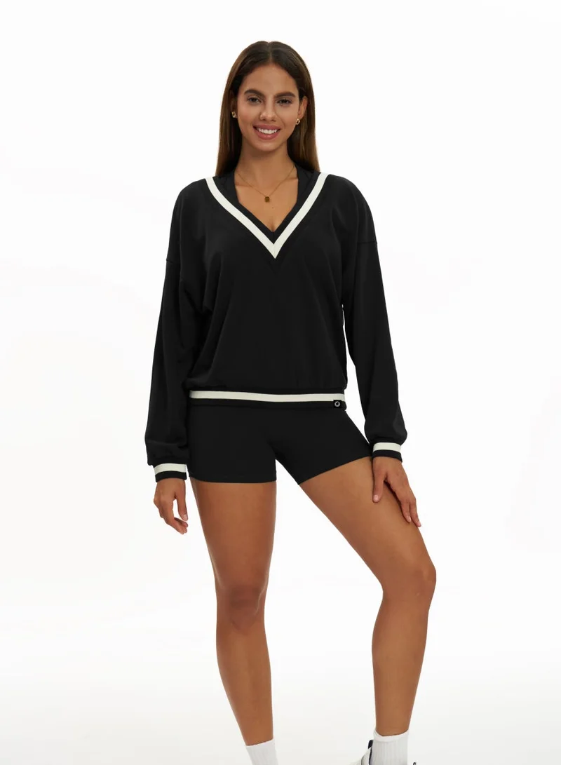 Kawn.yoga Licorice Black Womens V-Neck Loose Fit Light Sweatshirt for Women | Best Price UAE
