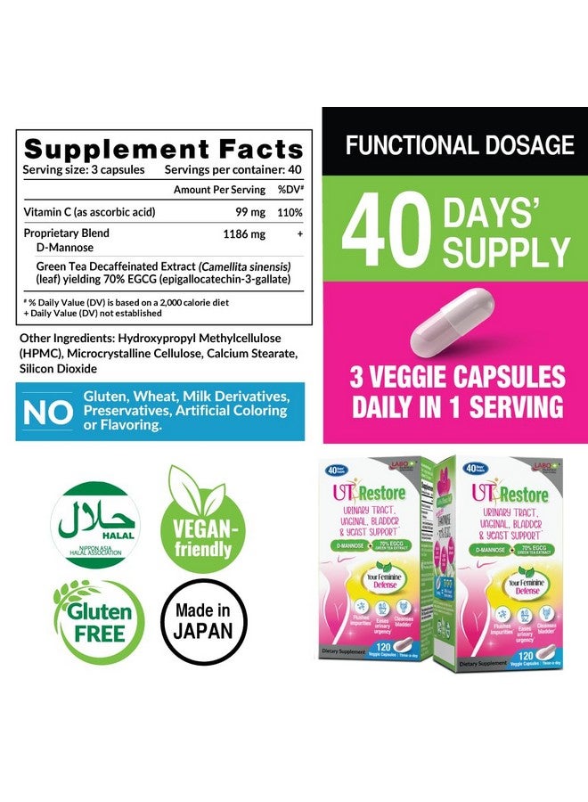 LABO Nutrition UTRestore D-Mannose & Green Tea Extract 70% EGCG, Urinary Tract Health for Women, Bladder Support with Vitamin C, 40 Days Supply, Vegan, Fast-Acting, Flush, Cleanse, Halal Certified - Image 2