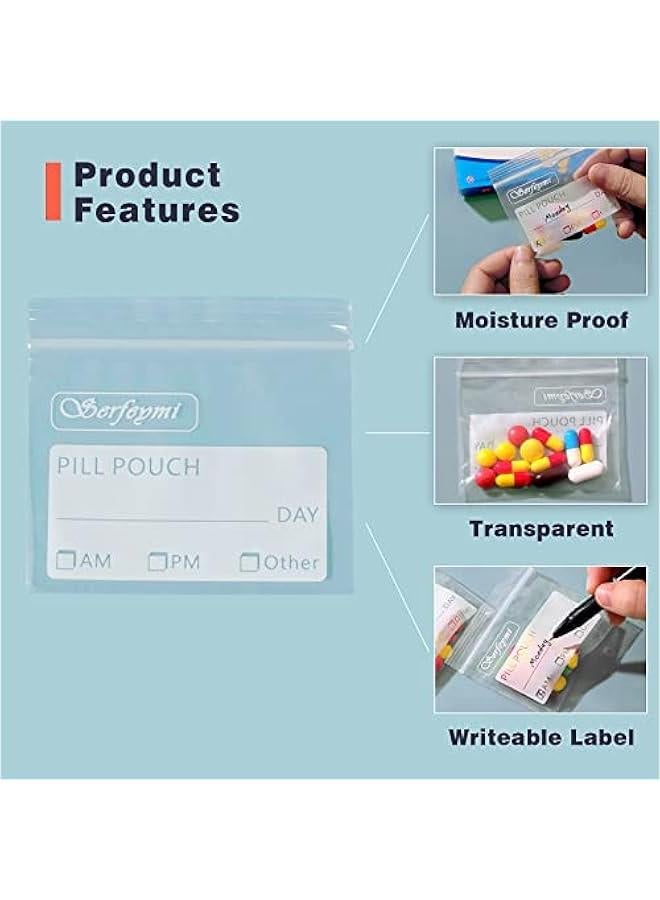 Travel Size Pill Storage Bags Pack of 120 Clear Ziplock Seal Pill Pouches with Write-on Label - BPA Free, Reusable, Waterproof - 3 x 2.75 inch AM PM Medication Organizer Bags