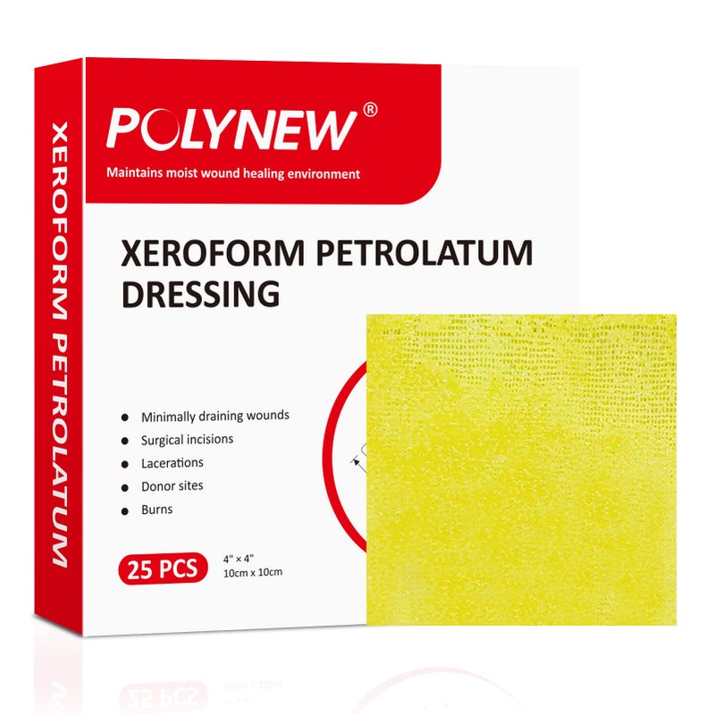 POLYNEW Xeroform Petrolatum Dressing 4"x4", 25 PCS Non-Adherent Gauze for Low Exudating Wounds, Fine Mesh Gauze Pads for Burns, Abrasions, Lacerations, Skin Grafts and Surgical Incisions - Image 1