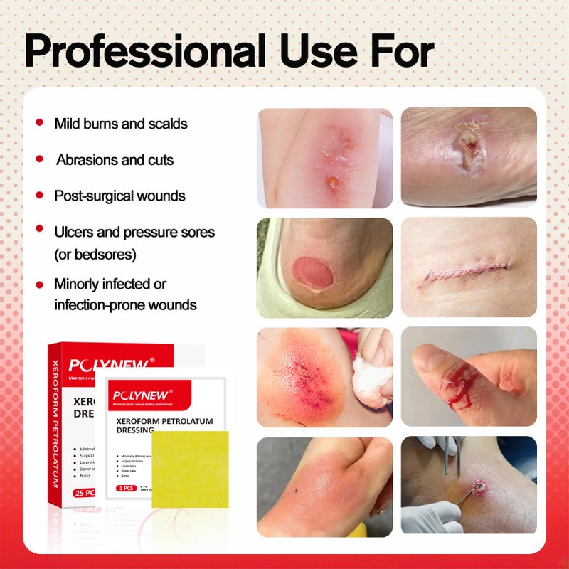 POLYNEW Xeroform Petrolatum Dressing 4"x4", 25 PCS Non-Adherent Gauze for Low Exudating Wounds, Fine Mesh Gauze Pads for Burns, Abrasions, Lacerations, Skin Grafts and Surgical Incisions - Image 4