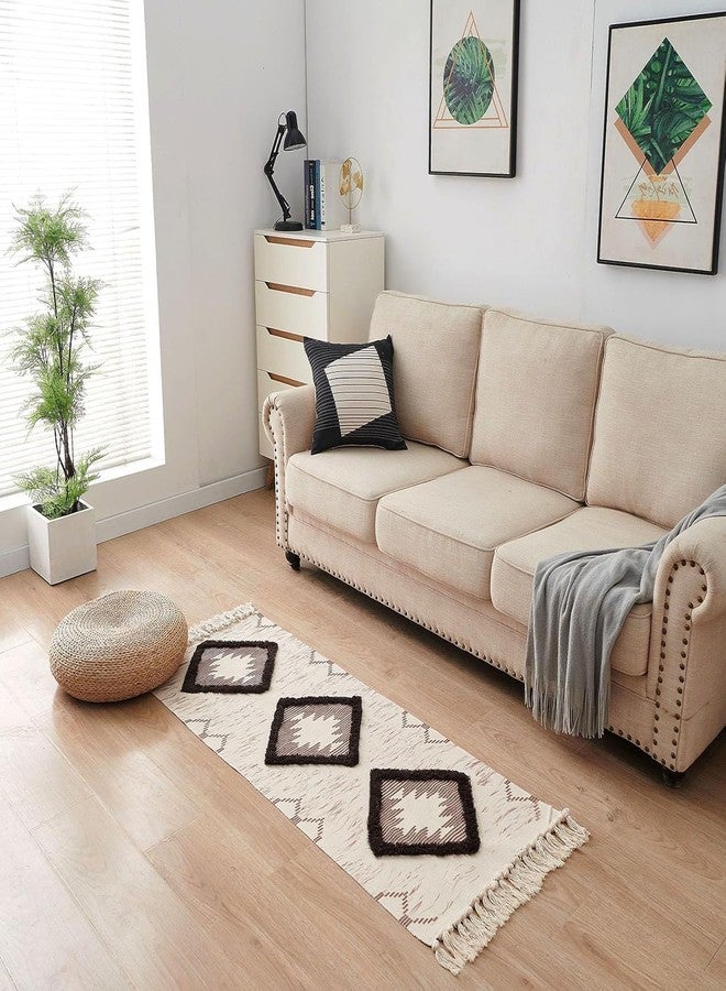 Slazie Handwoven Cotton Bed Runner Rug 2x5 ft | Boho Ethnic Carpet with Tassels | Modern Floor Mat for Bedroom, Living Room, Hallway|White & Brown |4015 - Image 1
