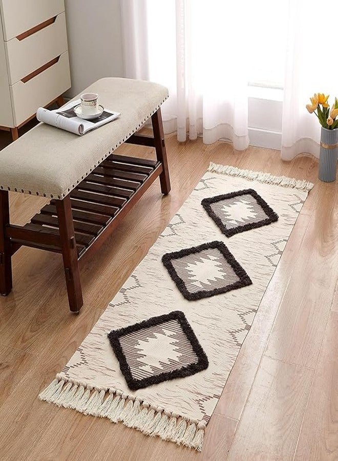 Slazie Handwoven Cotton Bed Runner Rug 2x5 ft | Boho Ethnic Carpet with Tassels | Modern Floor Mat for Bedroom, Living Room, Hallway|White & Brown |4015 - Image 3