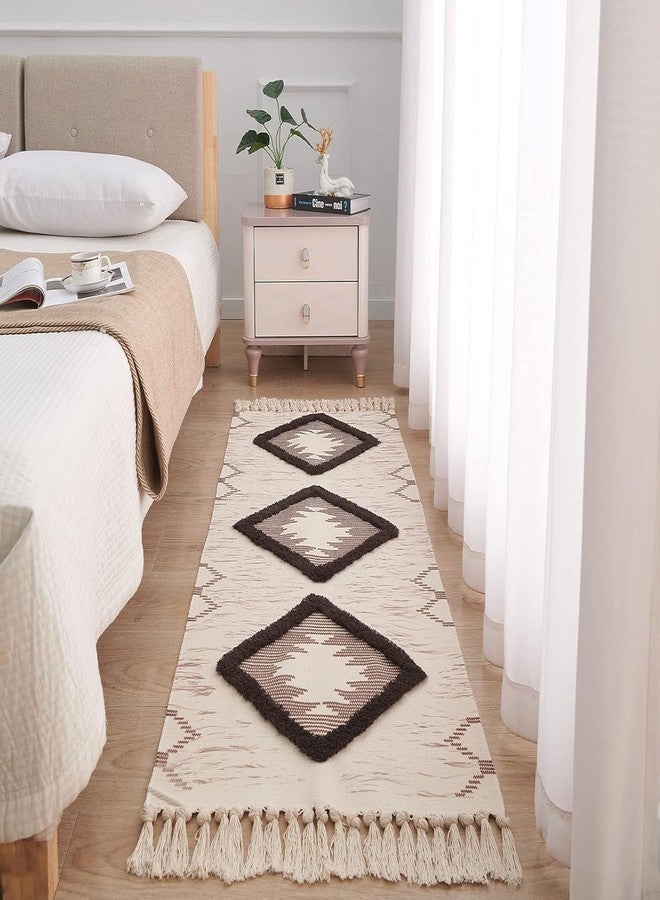 Slazie Handwoven Cotton Bed Runner Rug 2x5 ft | Boho Ethnic Carpet with Tassels | Modern Floor Mat for Bedroom, Living Room, Hallway|White & Brown |4015 - Image 2