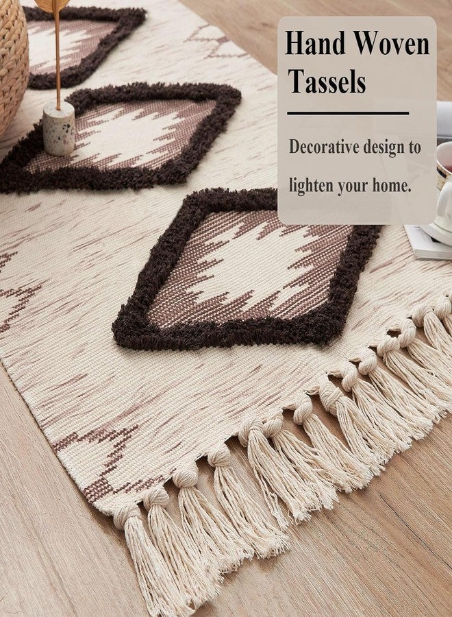 Slazie Handwoven Cotton Bed Runner Rug 2x5 ft | Boho Ethnic Carpet with Tassels | Modern Floor Mat for Bedroom, Living Room, Hallway|White & Brown |4015 - Image 4