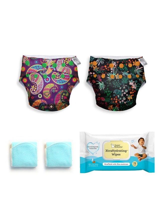 Superbottoms Pack Of 2 Cloth Diapers For Babies And Xtrahydrating™ Wipes 72 Pack Freesize Washable & Reusable Waterproof Adjustable Cloth Diaper For Babies From 5 17Kgs;Diaper With 2 Dry Feel Pad - Image 1