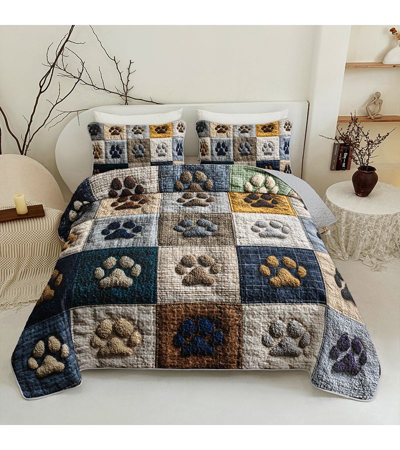 Paw Print Pattern Multicolor Durable Quilted Bedspread Set For Extra Large Bed Home Dormitory Includes 1 Bedspread And 2 Pillowcases High Definition Print Breathable Easy Care - Image 1