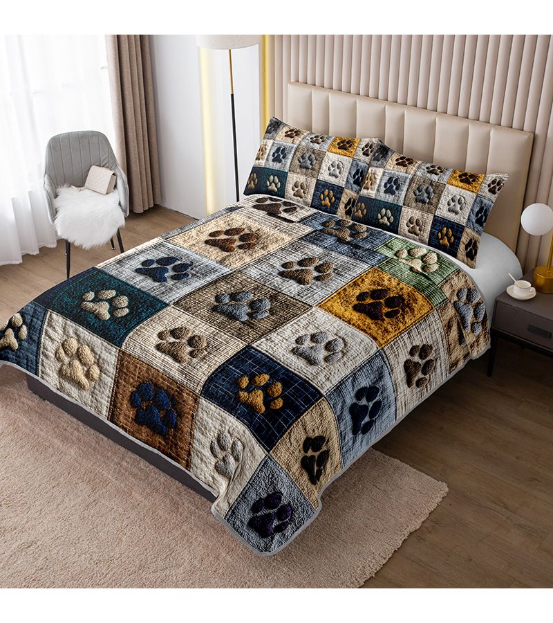 Paw Print Pattern Multicolor Durable Quilted Bedspread Set For Extra Large Bed Home Dormitory Includes 1 Bedspread And 2 Pillowcases High Definition Print Breathable Easy Care - Image 2