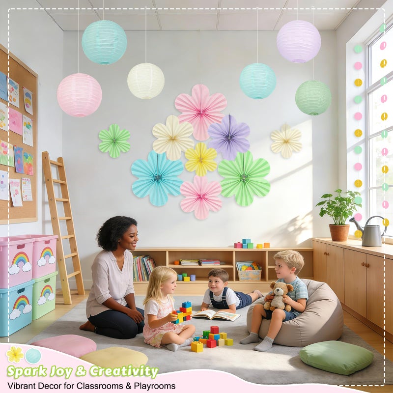 Dimhut Spring Hanging Decorations - 20Pcs Pastel Party Decorations | Paper Lanterns & Flower Fans Set with Glitter Garland for Pastel Classroom Decor, Office, Baby Shower, Wedding & Easter Wall Decor - Image 3
