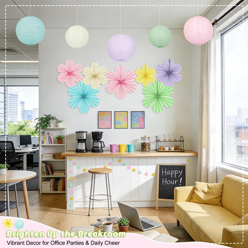 Dimhut Spring Hanging Decorations - 20Pcs Pastel Party Decorations | Paper Lanterns & Flower Fans Set with Glitter Garland for Pastel Classroom Decor, Office, Baby Shower, Wedding & Easter Wall Decor - Image 2