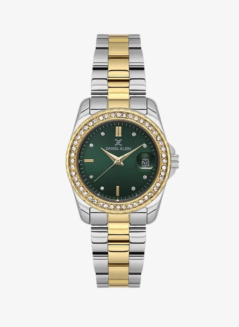 Daniel Klein Women's Stainless Steel Silver and Gold Alloy Case Analog Dark Green Round Sunray Dial Japanese Quartz Premium 30 Meters Water Resistant