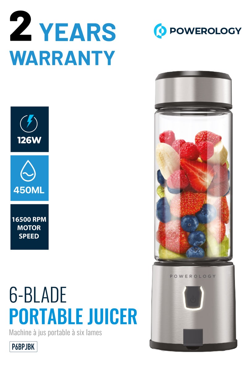 Powerology Portable 6 Stainless Steel Blades Juicer 126W Motor with 450ml Glass Container/Rechargeable Personal Blender/ Up to 15 Drinks Per Charge - Silver - Image 1