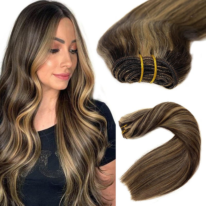 Sew in Hair Extensions Real Human Hair Balayage Dark Brown and Blonde 120G 24Inch Weft Hand Tied for Women