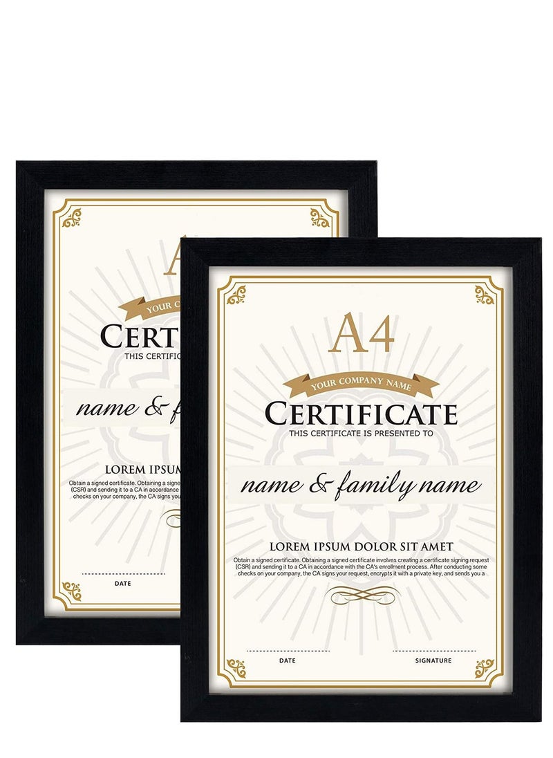 Decorhills - A4 Certificate Picture Frame – 2 Pack, Black Wood Grain Finish, UV Protection Acrylic, Horizontal & Vertical Display, Wall Mount or Tabletop Stand, Ideal for Diploma, Award, Photo, Office & Home Décor - Image 1