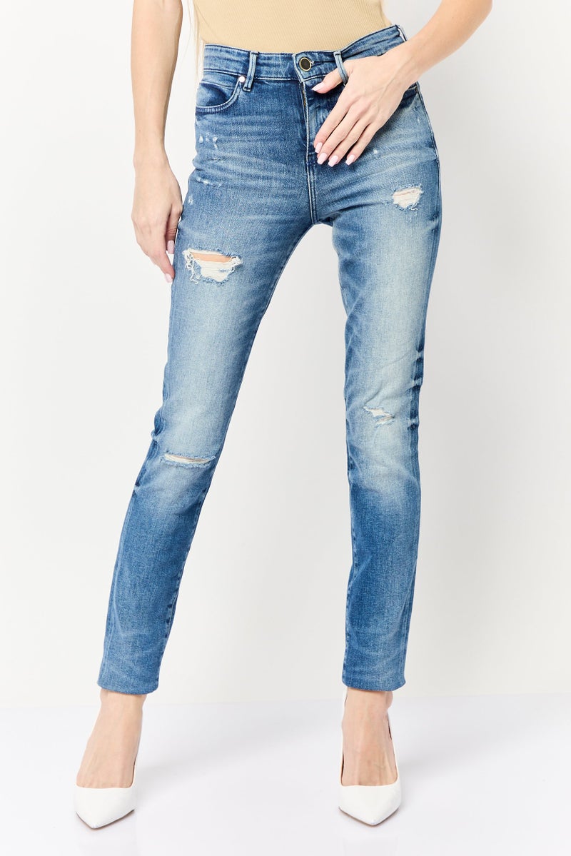 GUESS Women Skinny Fit Rip Stretchable Denim, Washed Blue - Image 1