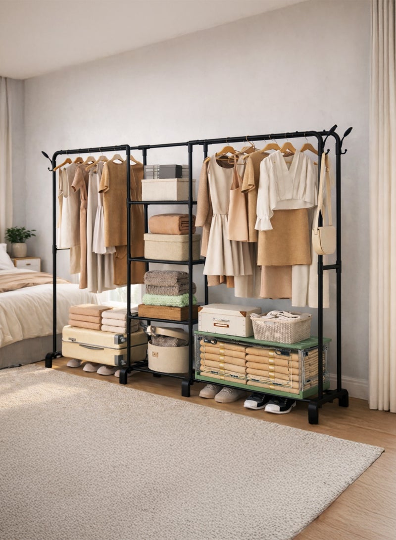 توشيونيكس رف ملابس مزدوج الصفوف بأربعة قضبان مع أرفف مركزية - منظم ملابس رباعي الطبقات شديد التحمل بأربعة مستويات مع رف تخزين سفلي، حامل ملابس موفر للمساحة لغرفة النوم وغرفة الغسيل والشرفة، سعة تحميل كبيرة تصل إلى 80 كجم، يتميز بأربعة قضبان أفقية لتعليق الملابس، غرفة الغسيل، الشرفة، ملاءات غرفة النوم، الألحفة، البطانيات، المعاطف، التنانير، القمصان، القبعات، حامل سترات بطول 200 سم، أسود - Image 1