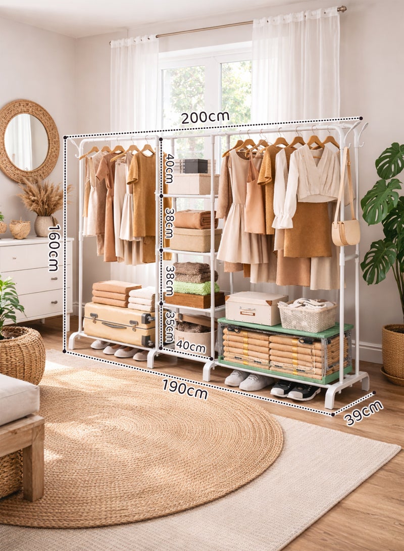 توشيونيكس رف ملابس مزدوج الصفوف بأربعة قضبان مع أرفف مركزية - منظم ملابس رباعي الطبقات شديد التحمل بأربعة مستويات مع رف تخزين سفلي، حامل ملابس موفر للمساحة لغرفة النوم وغرفة الغسيل والشرفة، سعة تحميل كبيرة تصل إلى 80 كجم، يتميز بأربعة قضبان أفقية لتعليق الملابس، غرفة الغسيل، الشرفة، ملاءات غرفة النوم، الألحفة، البطانيات، المعاطف، التنانير، القمصان، القبعات، حامل سترات بطول 200 سم، أسود - Image 2