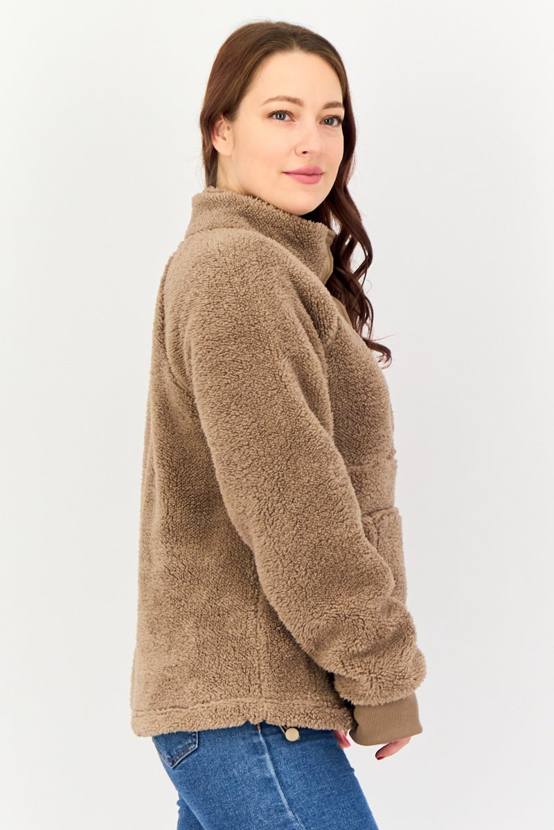 Bearpaw Women High Neck Long Sleeves Faux Fur Sherpa Jacket, Taupe - Image 2