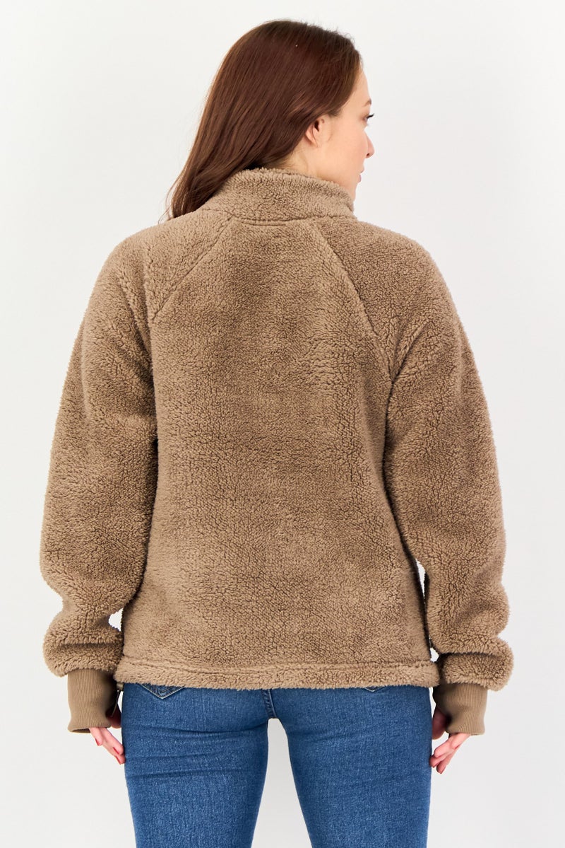 Bearpaw Women High Neck Long Sleeves Faux Fur Sherpa Jacket, Taupe - Image 3