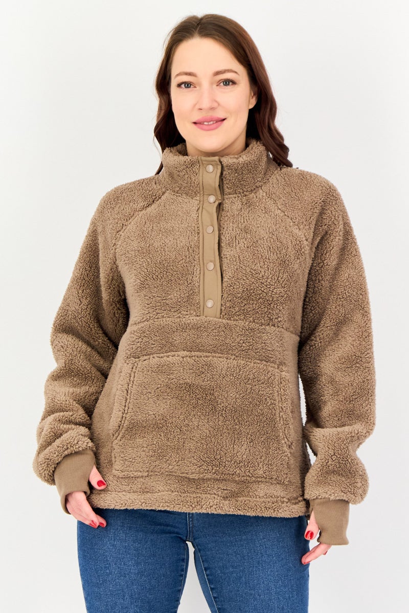 Bearpaw Women High Neck Long Sleeves Faux Fur Sherpa Jacket, Taupe - Image 1