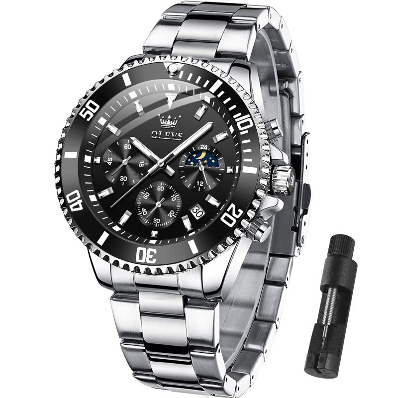 OLEVS Watch Men Silver Stainless Steel Watches for Men Luxury Chronograph Male Watch Black Dial Men's Wristwatch reloj para Hombre - Image 1